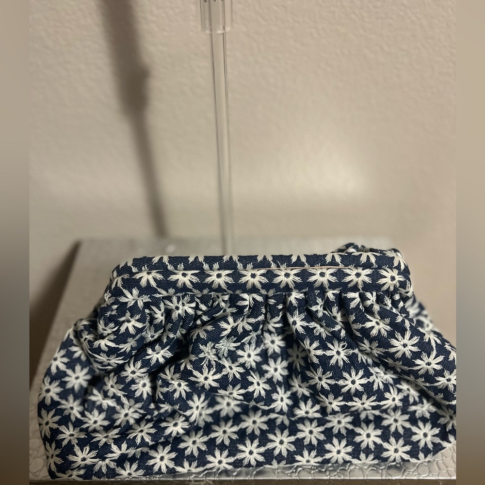 JUST FAB DENIM BLUE AND WHITE FLORAL LARGE CLUTCH